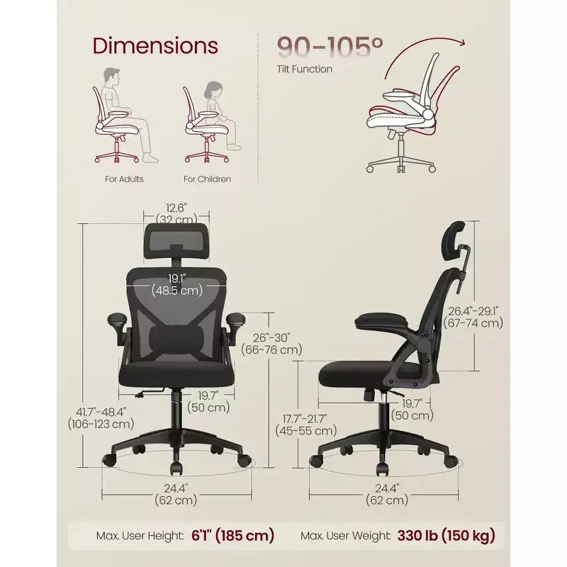 VASAGLE Chaise de Bureau Ergonomique en Maille avec Support Lombaire et Appui-tête Réglables, Fonction d'Inclinaison 90-105°, Siège Large, Accoudoirs Relevables