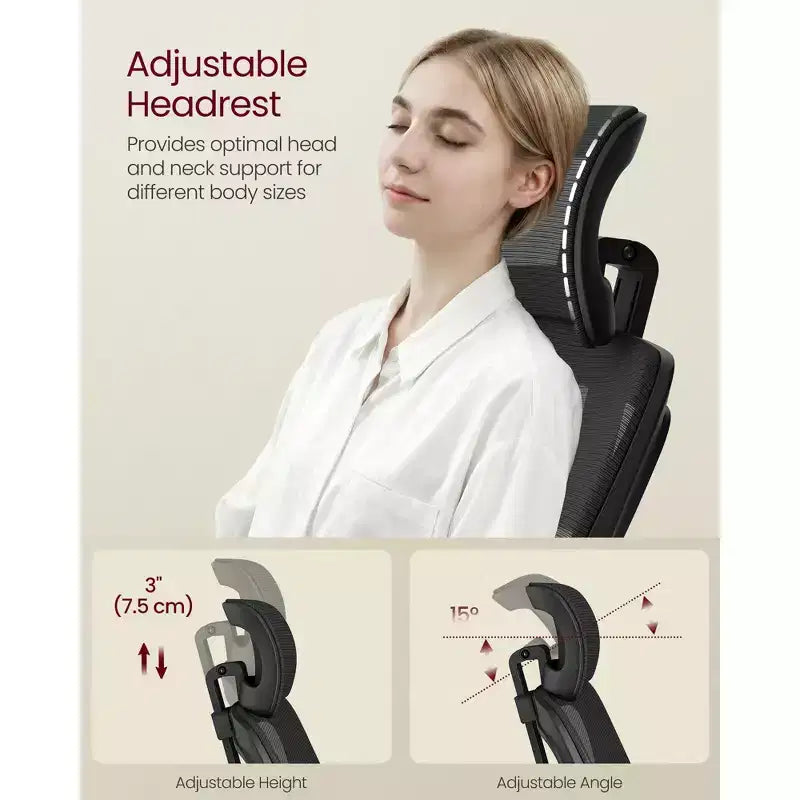 VASAGLE Chaise de Bureau Ergonomique en Maille avec Support Lombaire et Appui-tête Réglables, Fonction d'Inclinaison 90-105°, Siège Large, Accoudoirs Relevables