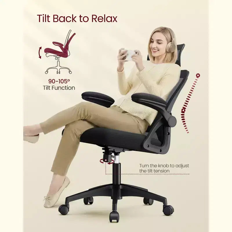 VASAGLE Chaise de Bureau Ergonomique en Maille avec Support Lombaire et Appui-tête Réglables, Fonction d'Inclinaison 90-105°, Siège Large, Accoudoirs Relevables