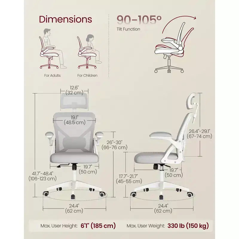 VASAGLE Chaise de Bureau Ergonomique en Maille avec Support Lombaire et Appui-tête Réglables, Fonction d'Inclinaison 90-105°, Siège Large, Accoudoirs Relevables