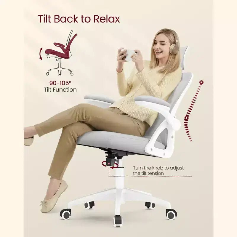 VASAGLE Chaise de Bureau Ergonomique en Maille avec Support Lombaire et Appui-tête Réglables, Fonction d'Inclinaison 90-105°, Siège Large, Accoudoirs Relevables