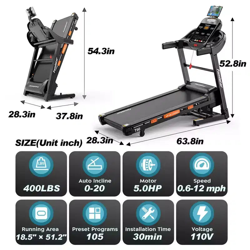 Tapis de course 4-en-1 avec inclinaison de 20 %, tapis de course portables pour la maison avec poignée, tapis de course pliables, 5 CV, 105 programmes