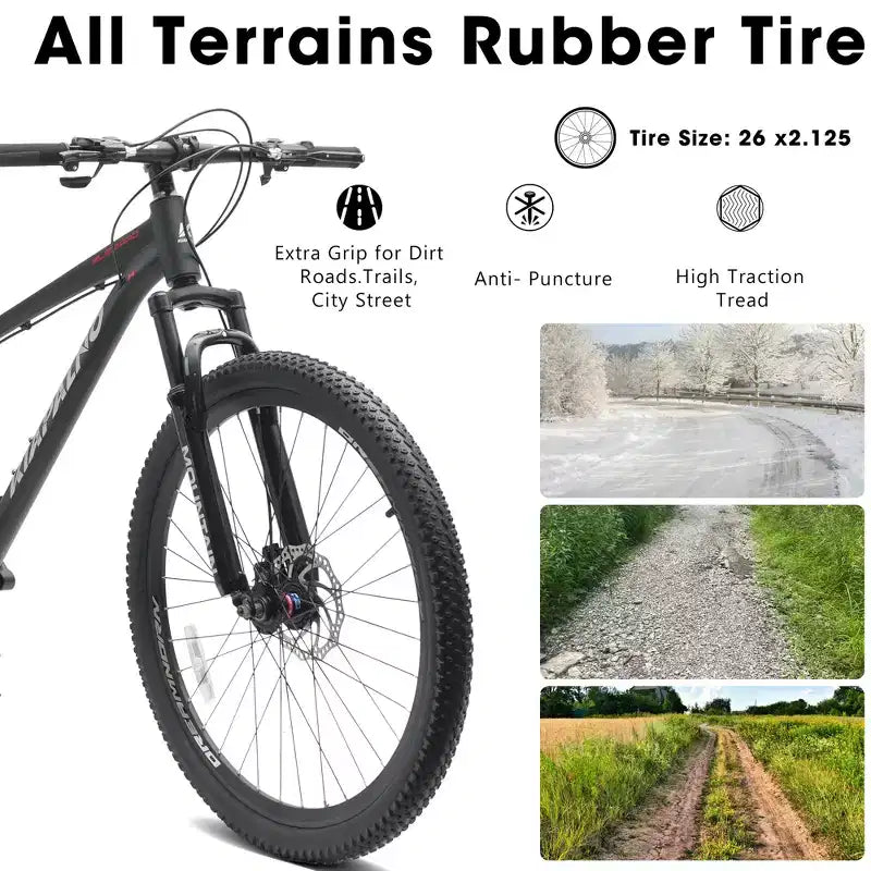 Vélo de montagne GDFStudio Trailcrest tout-terrain 26 pouces à suspension avant et 21 vitesses