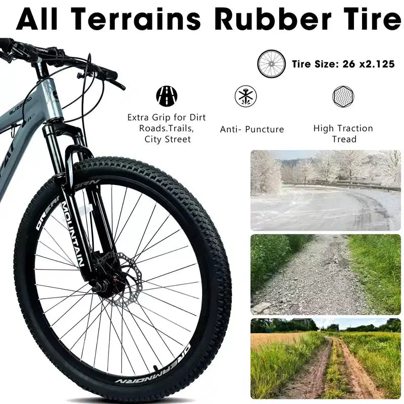 Vélo de montagne GDFStudio Trailcrest tout-terrain 26 pouces à suspension avant et 21 vitesses