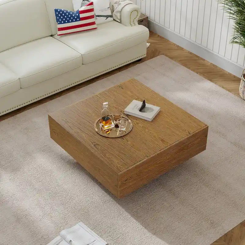 Table basse carrée en bois avec 2 tiroirs, texture bois marron, 35,43 pouces – 35,43