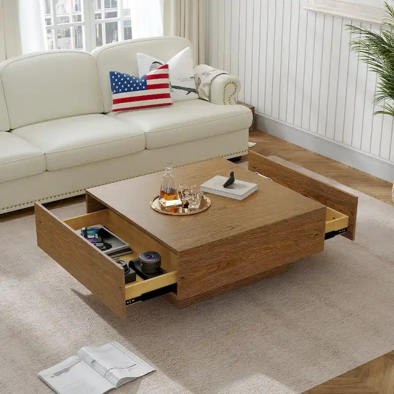 Table basse carrée en bois avec 2 tiroirs, texture bois marron, 35,43 pouces – 35,43