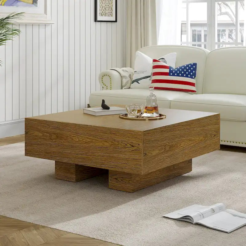 Table basse carrée en bois avec 2 tiroirs, texture bois marron, 35,43 pouces – 35,43