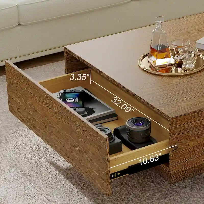 Table basse carrée en bois avec 2 tiroirs, texture bois marron, 35,43 pouces – 35,43