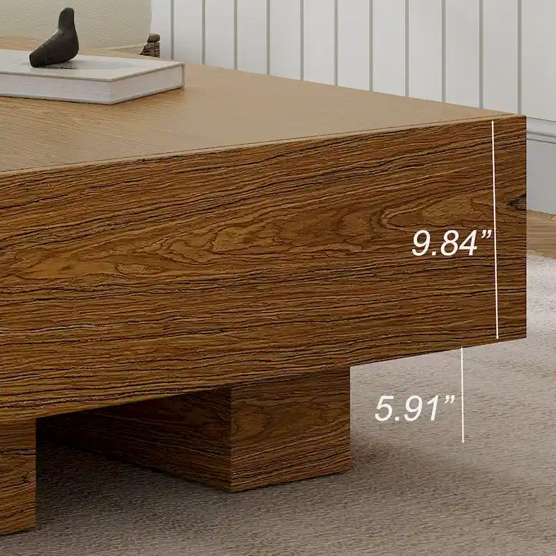 Table basse carrée en bois avec 2 tiroirs, texture bois marron, 35,43 pouces – 35,43
