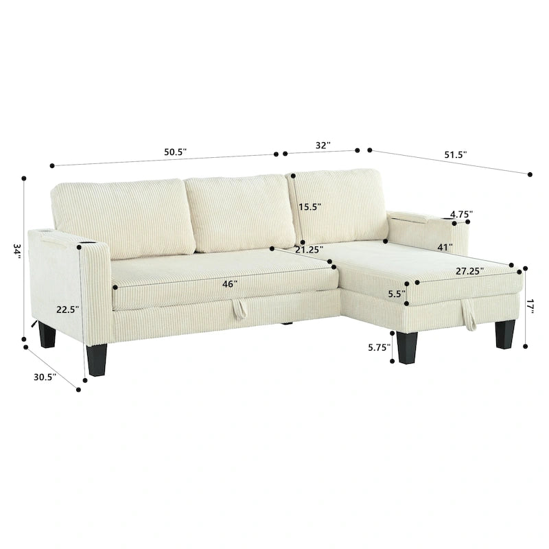 Christopher Knight Home - Canapé d'angle convertible réversible en tissu avec chaise longue de rangement, ports USB et porte-gobelets