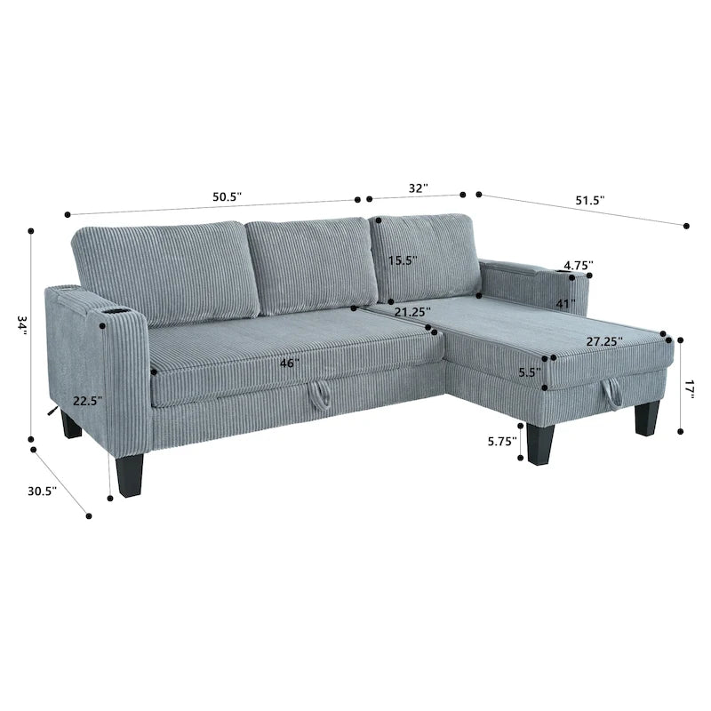 Christopher Knight Home - Canapé d'angle convertible réversible en tissu avec chaise longue de rangement, ports USB et porte-gobelets