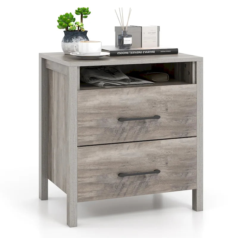 Table de chevet Gymax avec 2 tiroirs, table de chevet de ferme avec rangement ouvert