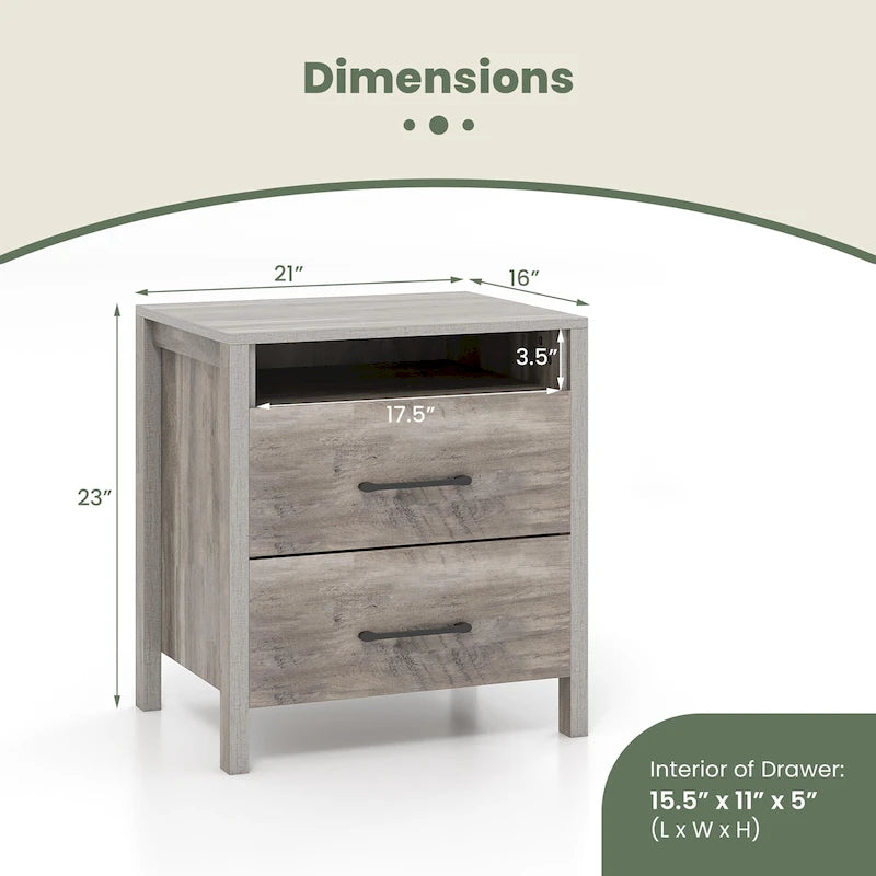 Table de chevet Gymax avec 2 tiroirs, table de chevet de ferme avec rangement ouvert