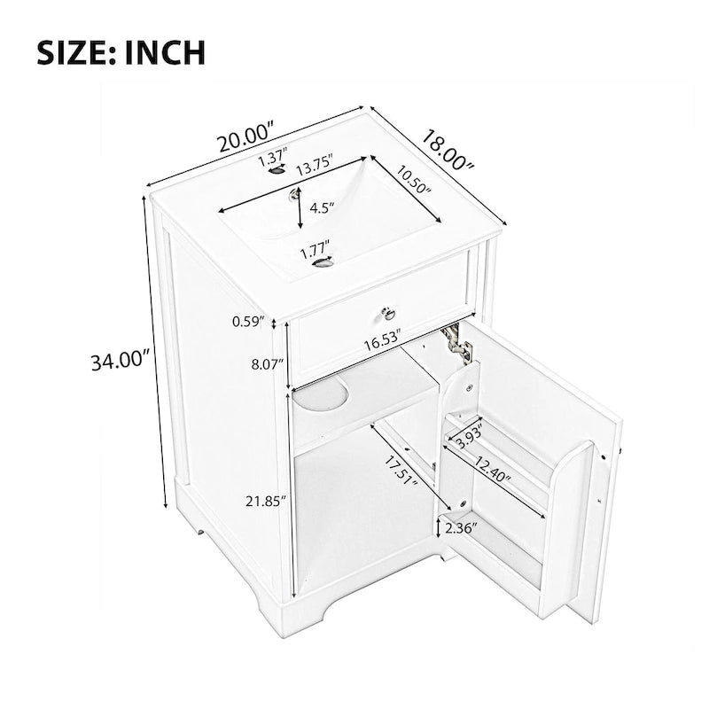 20 Inch Bathroom Vanity With Ceramic Top Sink, Undermount Bathroom Sink Cabinet With 2-Tier Storage Rack And Shelves