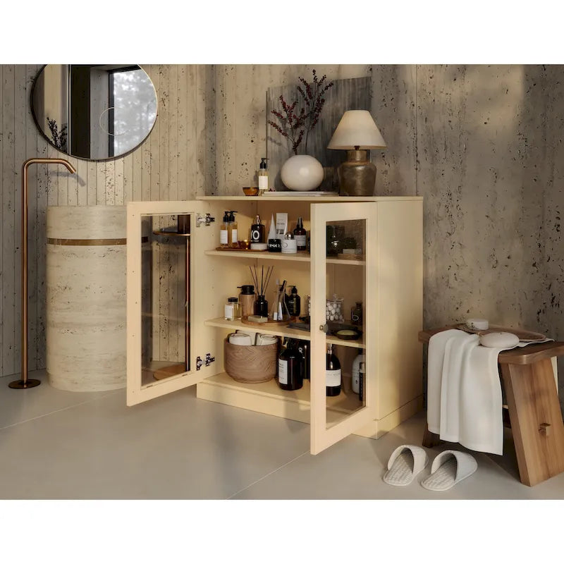 Palace Imports 100% Solid Wood 32  Bathroom Cabinet with Clear Glass Doors and Adjustable Shelves