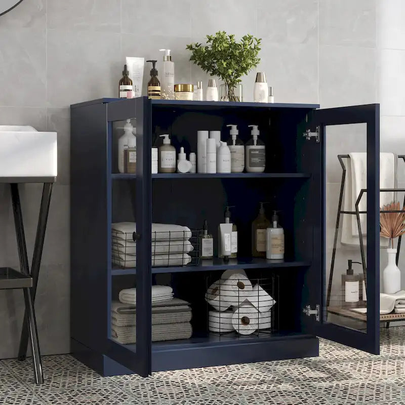 Palace Imports 100% Solid Wood 32  Bathroom Cabinet with Clear Glass Doors and Adjustable Shelves