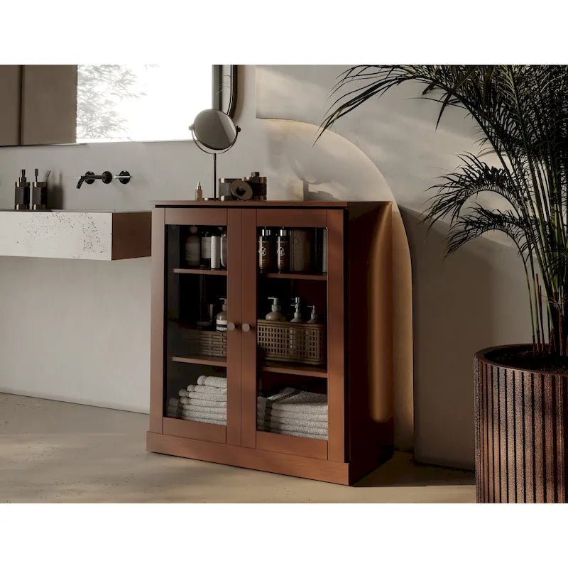 Palace Imports 100% Solid Wood 32  Bathroom Cabinet with Clear Glass Doors and Adjustable Shelves