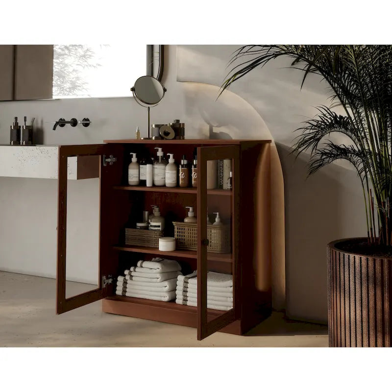 Palace Imports 100% Solid Wood 32  Bathroom Cabinet with Clear Glass Doors and Adjustable Shelves