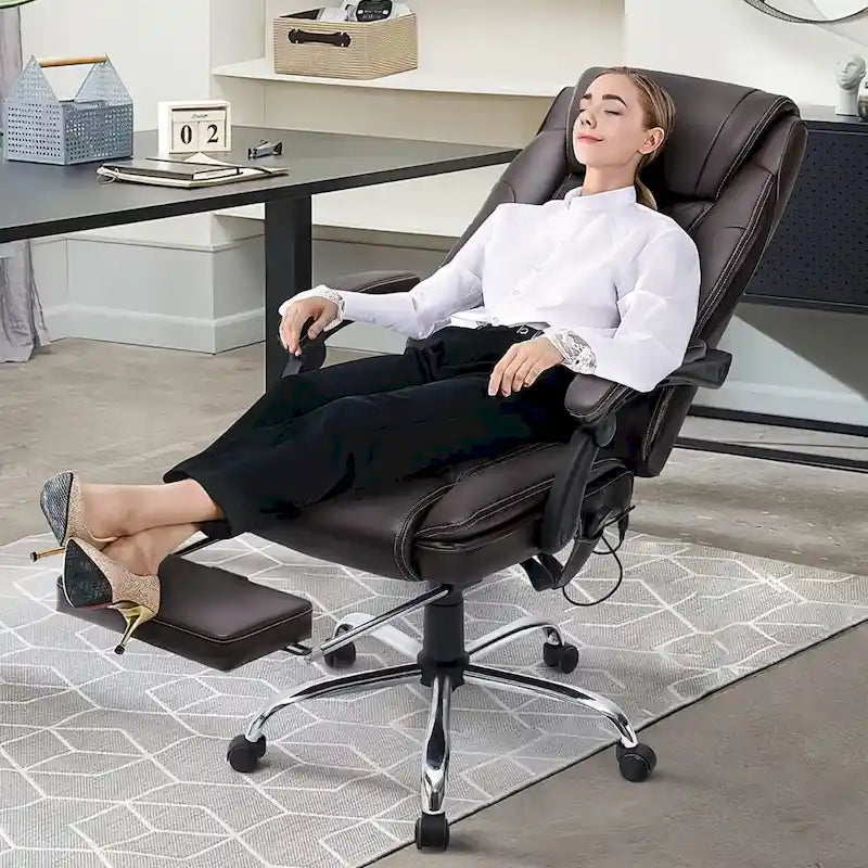 Fauteuil de bureau ergonomique chauffant de direction avec massage 2/4/6 points, repose-pieds rétractable et cuir PU