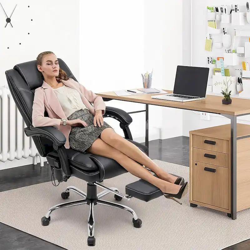 Fauteuil de bureau ergonomique chauffant de direction avec massage 2/4/6 points, repose-pieds rétractable et cuir PU
