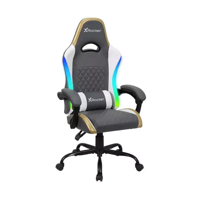 Chaise de jeu PC ergonomique X Rocker RGB LED extra confort gris/blanc/or