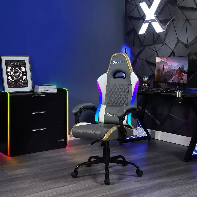 Chaise de jeu PC ergonomique X Rocker RGB LED extra confort gris/blanc/or