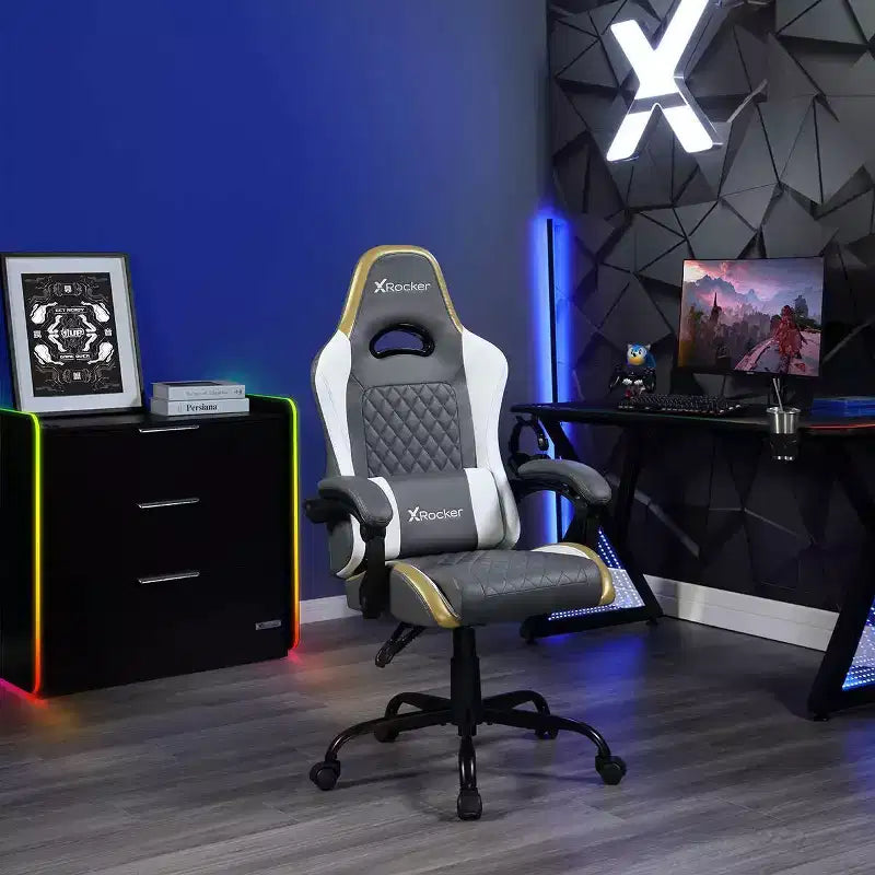 Chaise de jeu PC ergonomique X Rocker RGB LED extra confort gris/blanc/or