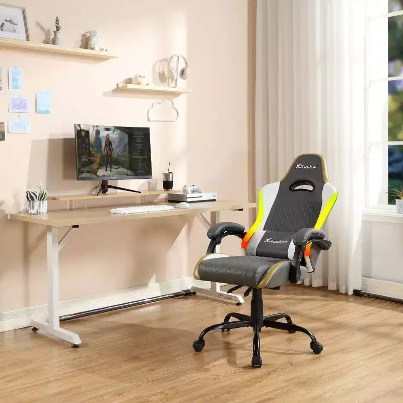 Chaise de jeu PC ergonomique X Rocker RGB LED extra confort gris/blanc/or