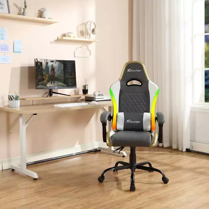 Chaise de jeu PC ergonomique X Rocker RGB LED extra confort gris/blanc/or