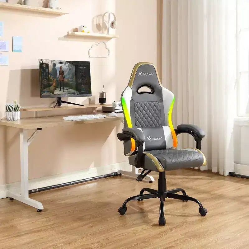 Chaise de jeu PC ergonomique X Rocker RGB LED extra confort gris/blanc/or