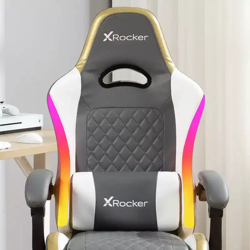 Chaise de jeu PC ergonomique X Rocker RGB LED extra confort gris/blanc/or