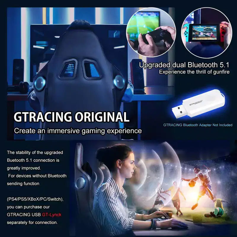 Chaise de gaming GTRACING avec haut-parleurs Bluetooth Fauteuil de bureau à dossier haut en PU noir