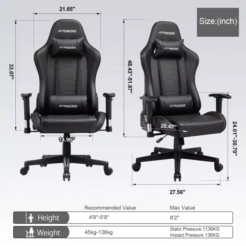 Chaise de gaming GTRACING avec haut-parleurs Bluetooth Fauteuil de bureau à dossier haut en PU noir