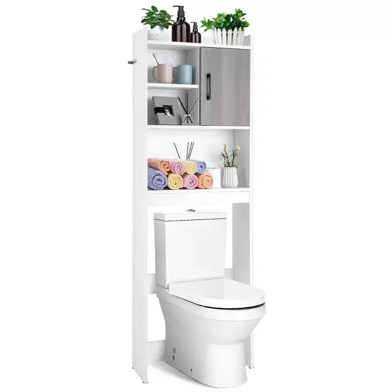 Costway Over The Toilet Storage Cabinet Bathroom Space Saver w/ Open Shelves & Door