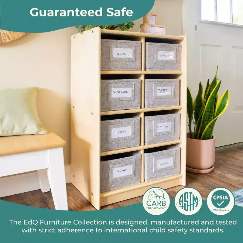 Guidecraft EdQ 8 Cubby Bin Storage Organizer 30: Kids' Wooden Cube Bookshelf, Classroom Storage Shelf with Compartments and Bins