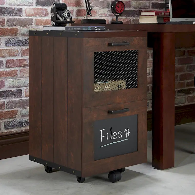 Meuble classeur en bois à 2 tiroirs avec fenêtre en noyer rustique de Furniture of America