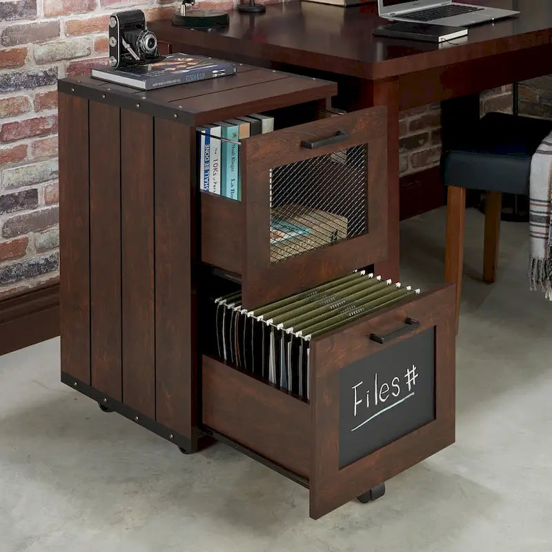 Meuble classeur en bois à 2 tiroirs avec fenêtre en noyer rustique de Furniture of America