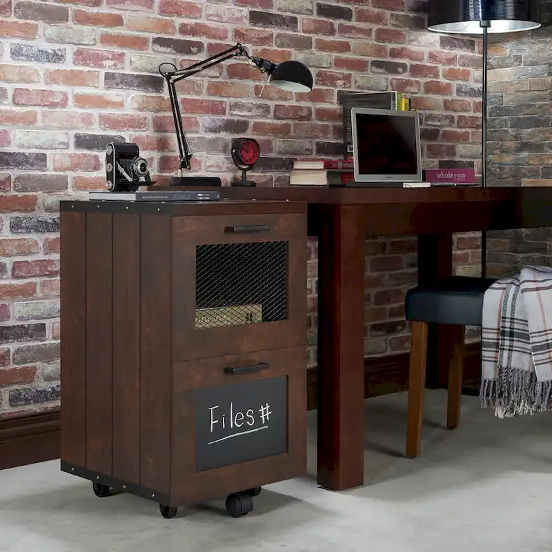 Meuble classeur en bois à 2 tiroirs avec fenêtre en noyer rustique de Furniture of America