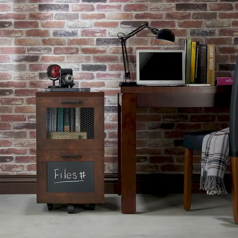 Meuble classeur en bois à 2 tiroirs avec fenêtre en noyer rustique de Furniture of America