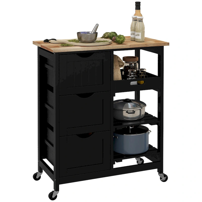 HOMCOM Desserte de cuisine roulante, Chariot de service de bar, Chariot compact sur roues avec plateau en bois, étagères et tiroirs pour salle à manger à domicile