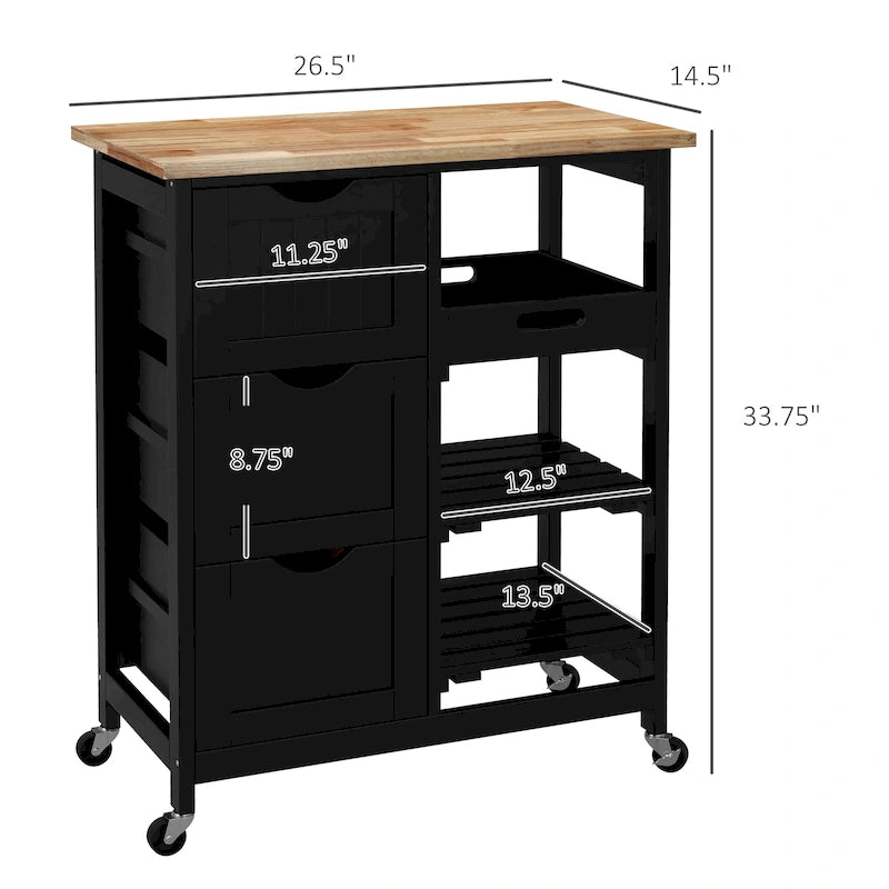 HOMCOM Desserte de cuisine roulante, Chariot de service de bar, Chariot compact sur roues avec plateau en bois, étagères et tiroirs pour salle à manger à domicile