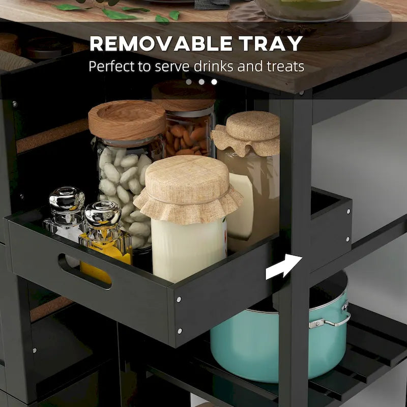 HOMCOM Desserte de cuisine roulante, Chariot de service de bar, Chariot compact sur roues avec plateau en bois, étagères et tiroirs pour salle à manger à domicile