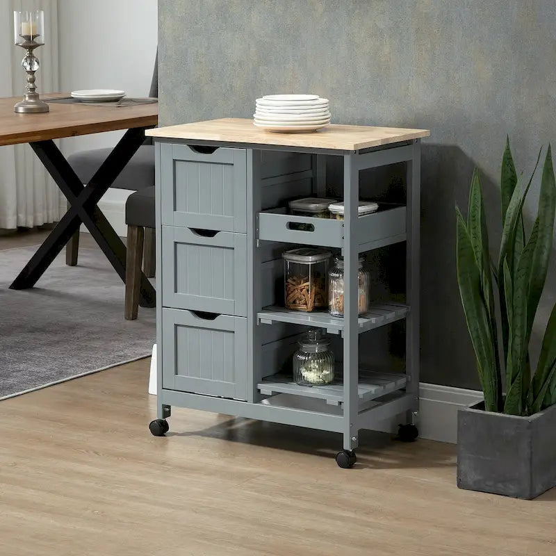HOMCOM Desserte de cuisine roulante, Chariot de service de bar, Chariot compact sur roues avec plateau en bois, étagères et tiroirs pour salle à manger à domicile
