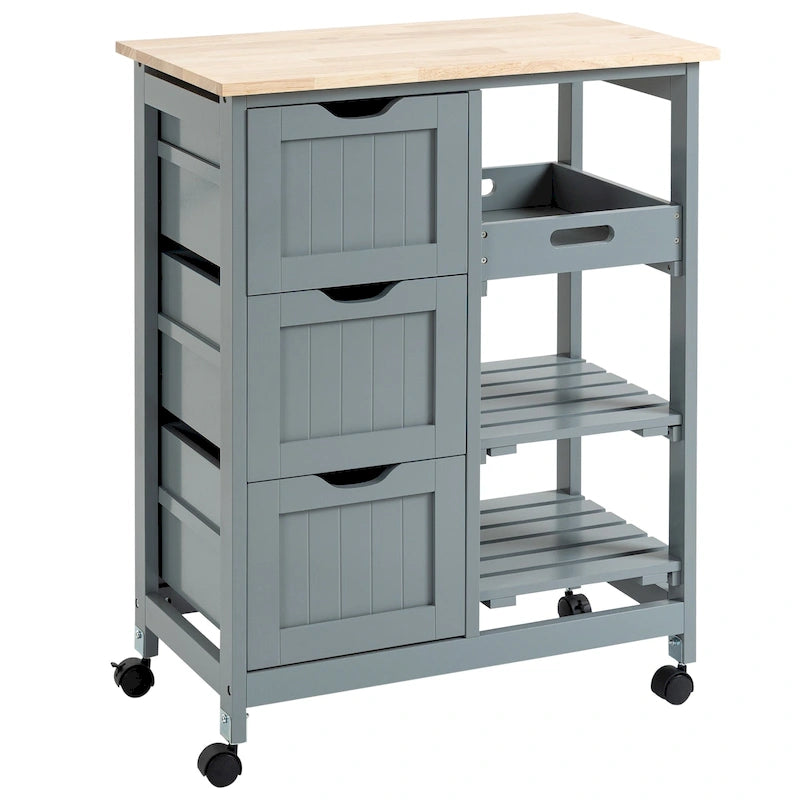 HOMCOM Desserte de cuisine roulante, Chariot de service de bar, Chariot compact sur roues avec plateau en bois, étagères et tiroirs pour salle à manger à domicile