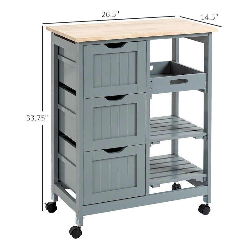 HOMCOM Desserte de cuisine roulante, Chariot de service de bar, Chariot compact sur roues avec plateau en bois, étagères et tiroirs pour salle à manger à domicile