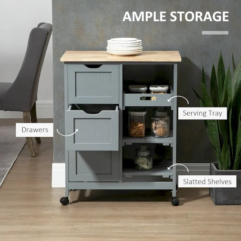 HOMCOM Desserte de cuisine roulante, Chariot de service de bar, Chariot compact sur roues avec plateau en bois, étagères et tiroirs pour salle à manger à domicile