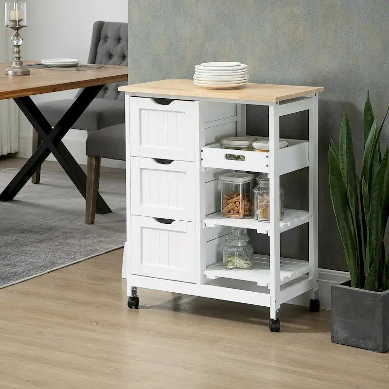 HOMCOM Desserte de cuisine roulante, Chariot de service de bar, Chariot compact sur roues avec plateau en bois, étagères et tiroirs pour salle à manger à domicile