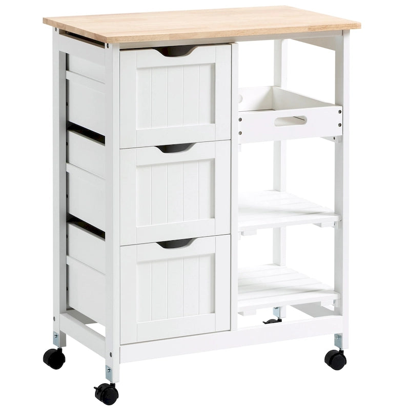 HOMCOM Desserte de cuisine roulante, Chariot de service de bar, Chariot compact sur roues avec plateau en bois, étagères et tiroirs pour salle à manger à domicile