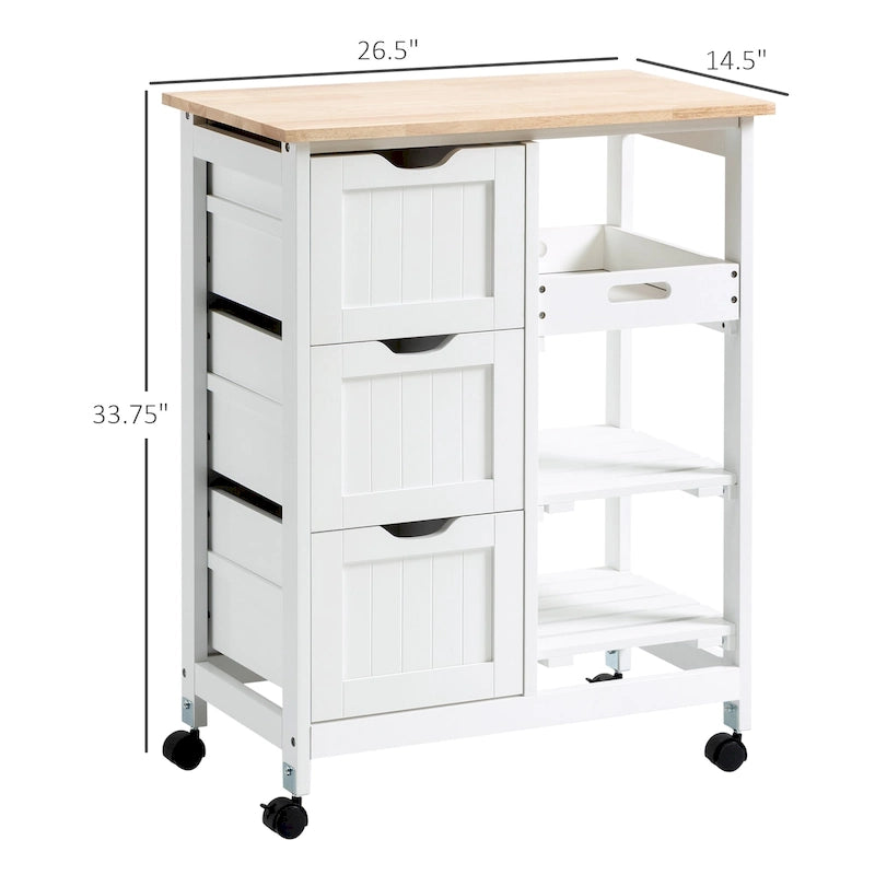 HOMCOM Desserte de cuisine roulante, Chariot de service de bar, Chariot compact sur roues avec plateau en bois, étagères et tiroirs pour salle à manger à domicile