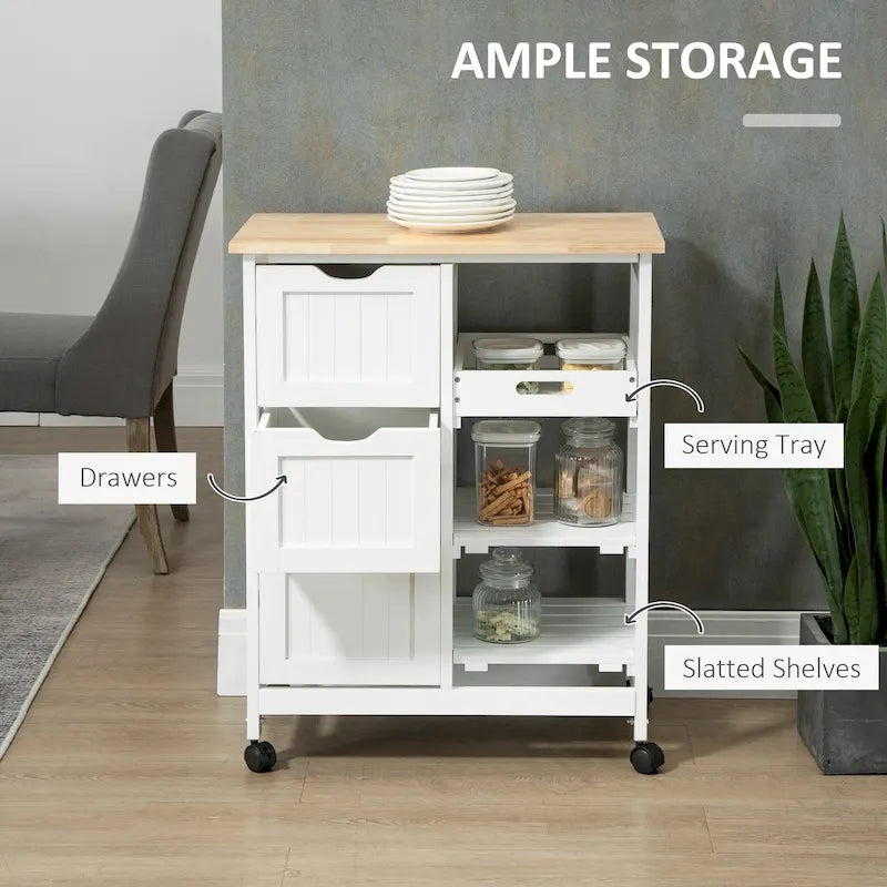 HOMCOM Desserte de cuisine roulante, Chariot de service de bar, Chariot compact sur roues avec plateau en bois, étagères et tiroirs pour salle à manger à domicile